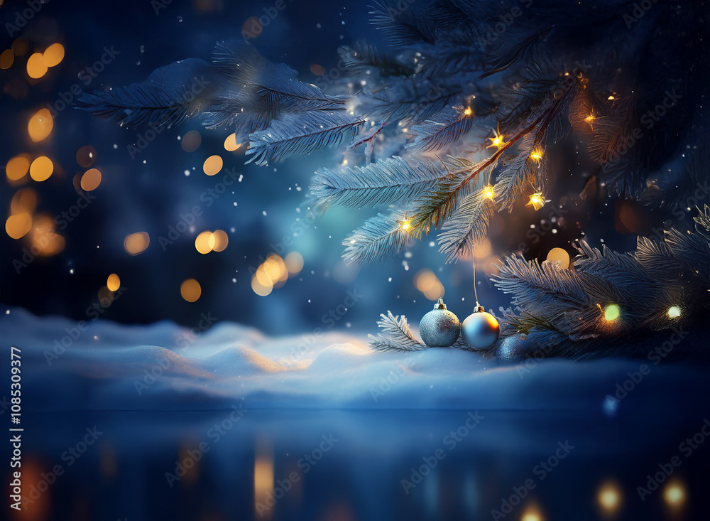 Aufkleber a snow-covered winter scene with a glistening evergreen branch adorned with warm fairy lights and sh