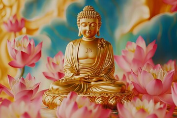 Golden buddha statue with lotus blossoms - buddha's birthday celebration