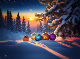Serene winter sunset scene.  Snow-covered fir trees frame a vibrant sunset. Colorful Christmas ornaments rest on the snowy ground, casting long shadows.  A magical, peaceful winter wonderland.