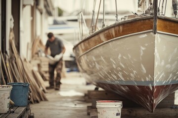 A craftsman works on a boat at a repair yard, surrounded by tools and materials, illustrating dedication to restoration and craftsmanship.