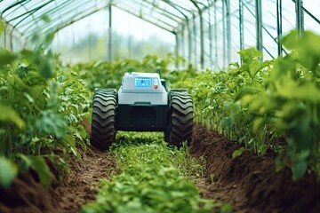 High-tech farming robot tends plants in a greenhouse, using ai for efficiency and sustainability. It works independently, optimizing productivity with sensors and wireless tech