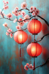 Fototapeta premium Buddha's birthday celebration with lanterns and cherry blossoms for spring decor