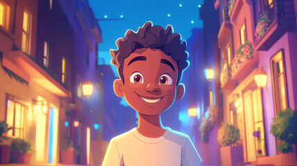 Obraz premium Vibrant cartoon-style portrait of a cheerful boy with curly hair on a city street at dusk. Lively lighting creates a warm and inviting atmosphere.