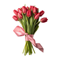 bouquet of red tulips tied with pink ribbon, perfect for gifting