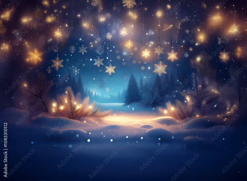 Poster enchanted winter forest scene. glowing lights and snowflakes fall amidst snow-covered trees, creatin