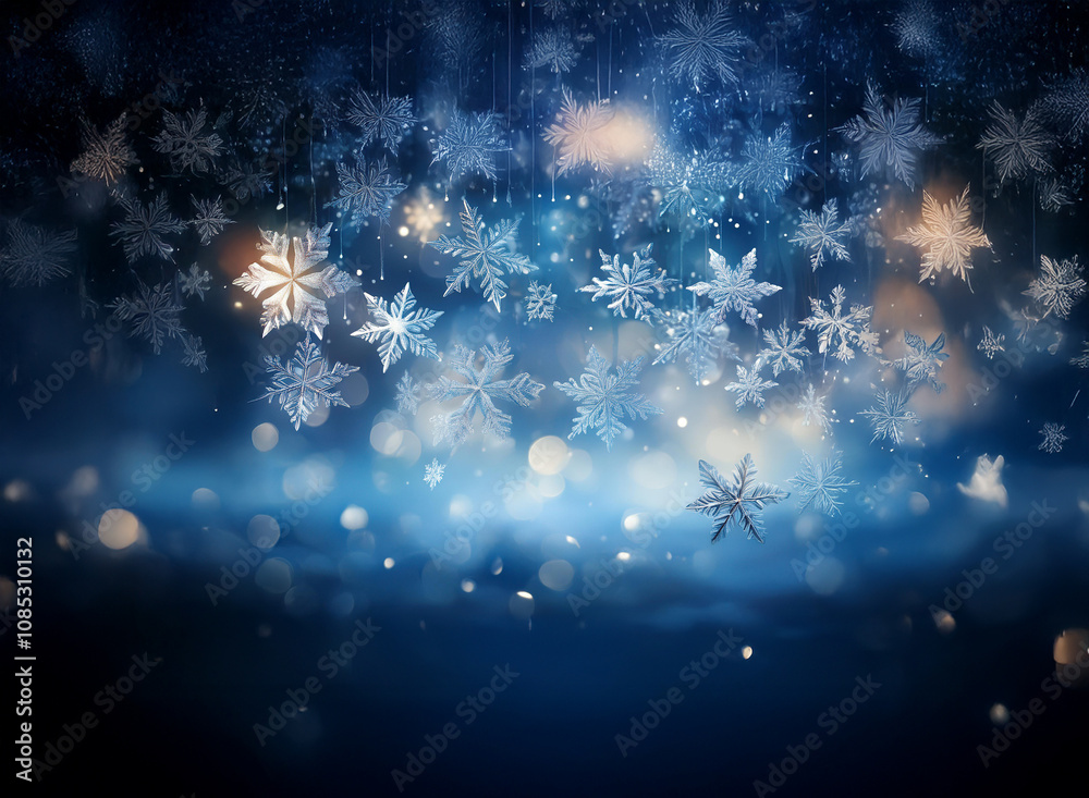 Poster intricate snowflakes fall against a dark blue, bokeh-filled background, creating a magical winter sc