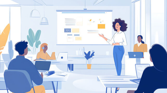 A woman leading a brainstorming session with her team in a bright, minimalist office space, using a projector and laptop 