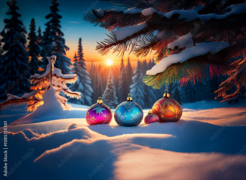 Aufkleber a breathtaking winter sunset illuminates snow-covered pine trees. three colorful ornaments rest in t