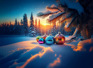 A magical winter sunset scene.  Colorful ornaments rest on a snowy landscape under a snow-laden pine branch, amidst a tranquil forest.