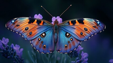 Obraz premium Peacock Butterfly on Lavender Plant with Open Wings