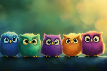 Fototapeta premium Four cartoon owls in vibrant neon hues sitting on a gradient background. The colors pop vividly, creating a playful and modern aesthetic.