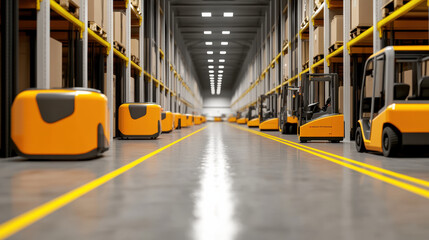 Automated warehouse with yellow forklifts and storage shelves, showcasing modern logistics environment. scene conveys efficiency and organization