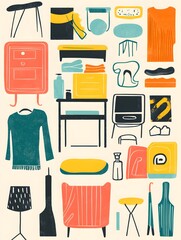 A colorful illustration of a variety of mid-century modern furniture.