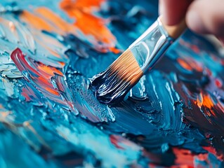 Fototapeta premium Close-up of a paintbrush applying a layer of blue paint to an abstract canvas.