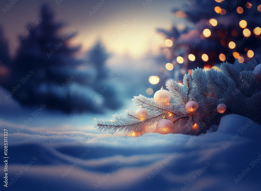 Poster A snow-covered fir branch adorned with soft, glowing ornaments rests in a field of pristine snow, illuminated by the warm glow of a Christmas tree in the background, under a twilight sky.