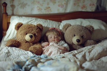 A child peacefully sleeps nestled between two large teddy bears, creating a cozy and comforting bedtime scene.