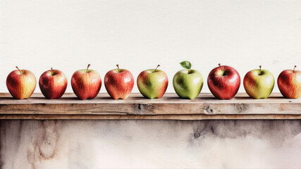 Eight apples are laid out in a row on a wooden shelf. The fruits are of three colors: red, green and yellow with leaves. Illustration with space for text.