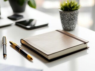 Lying Hardcover Notebook with Minimalist Design Desk Modern Workspace Stationery Calm Environment Focused Viewpoint Aesthetic Concept
