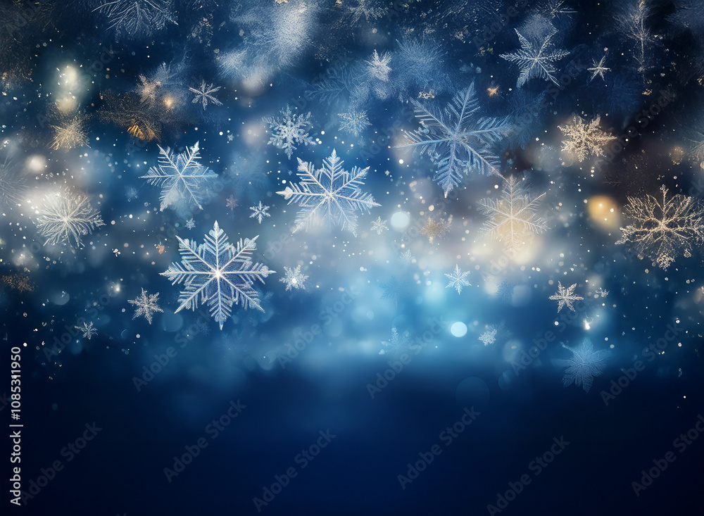 Poster falling snowflakes and shimmering lights create a magical winter scene against a deep blue backdrop.