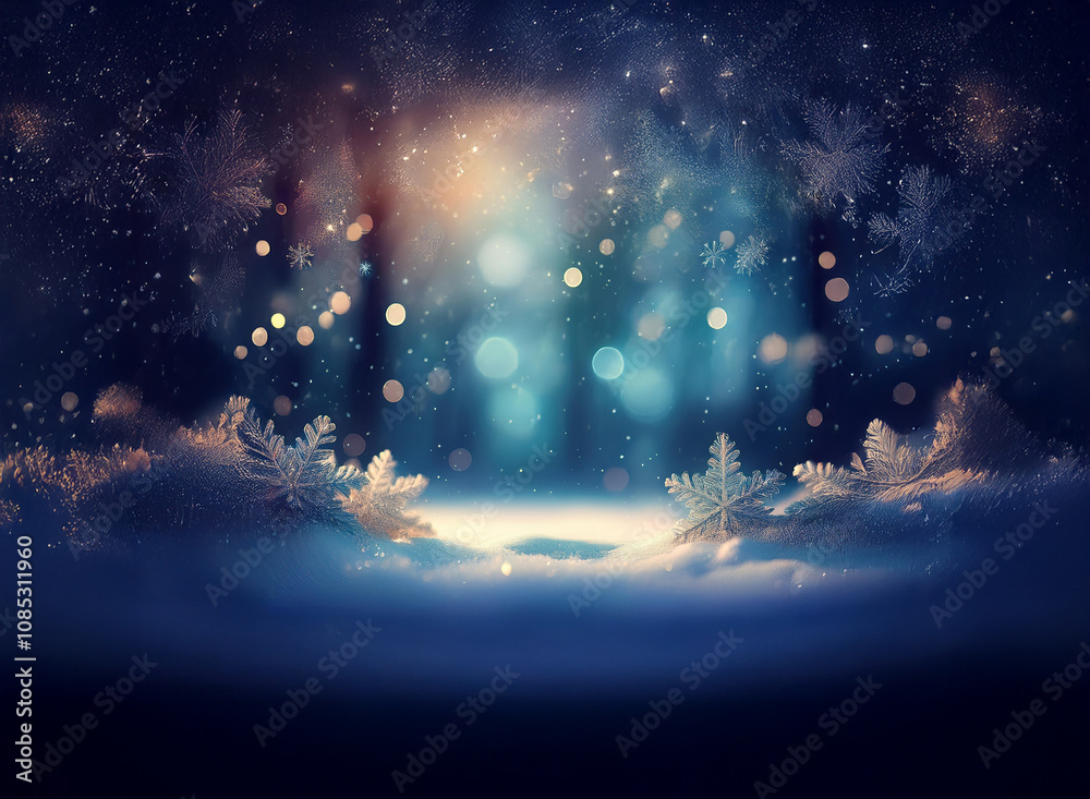 Poster magical winter scene: a mystical forest bathed in soft blue light, snow-covered ground adorned with 