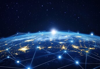 Stunning Digital View of Earth from Space Showcasing Global Connections with a Bright Sunrise Over Planet Visible Against a Starry Sky