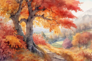 Watercolor Illustration. Autumn Forest. Abstract Painting Red Yellow Trees. Colorful Background for Nature Art.