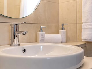 Enhancing Small Bathroom Aesthetics White Ceramic Sink with Round Design Contemporary Style Indoor Viewpoint Modern Concept