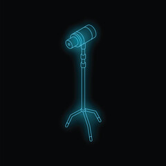 Neon studio microphone standing on a tripod, glowing blue on a black background
