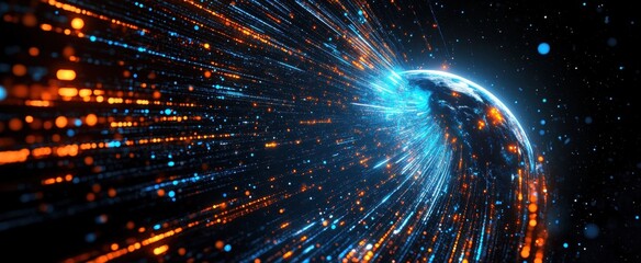 Futuristic Digital Concept of Earth Surrounded by Vibrant Light Trails and Energy Streams Representing Data Flow and Connectivity in Space