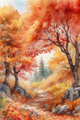 Watercolor Illustration. Autumn Forest. Abstract Painting Red Yellow Trees. Colorful Background for Nature Art. Vertical Frame.