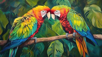 Obraz premium Colorful Parrots Interacting on a Branch in Nature