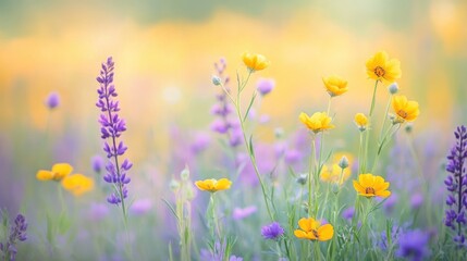 Fototapeta premium Sunlit Meadow with Yellow and Purple Flowers