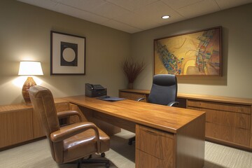 Fototapeta premium Modern Office Interior: Stylish Workspace with Wooden Desk and Art