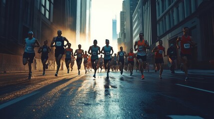 Obraz premium Marathon Runners at Dawn in a City