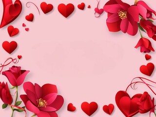 A romantic frame featuring red hearts and flowers on a soft pink background, perfect for love-themed messages or invitations.