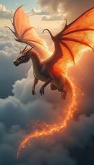 Majestic dragon soaring above clouds with fire and smoke trailing behind.