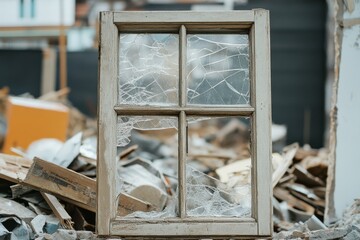 A broken window pane stands amid demolition rubble, symbolizing fragility and decay against a backdrop of construction chaos.