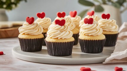 A collection of vanilla cupcakes with fluffy frosting and red heart decorations sits on a table, exuding a festive and joyful charm for celebrations