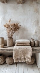Lightweight shawl drapes elegantly over a rustic shelf, harmonizing with earthy tones and natural textures, surrounded by decorative pottery and a touch of dried florals.