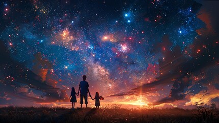 Family watching fireworks under the night sky, waving American flags