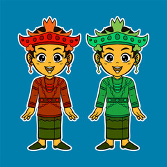 Doodle Sticker Illustration of a Girl Wearing an Indonesian Traditional Dress