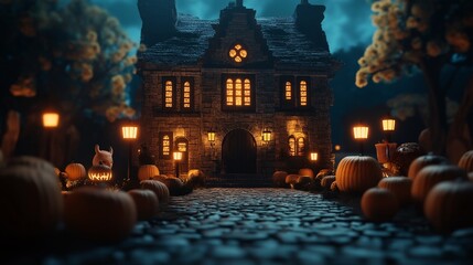 A whimsical Halloween scene with a charming stone house, glowing windows, and pumpkins lining the cobblestone path. A small llama figurine adds to the spooky charm.