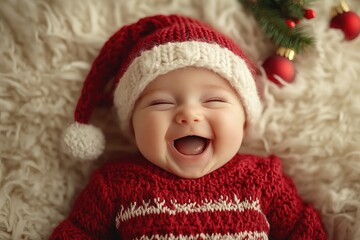 Adorable baby laughing wearing christmas clothes