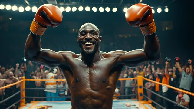 A muscular, dark-skinned boxer stands triumphantly in a boxing ring, arms raised high