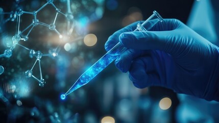 Hand Holding a Test Tube With a Blue Liquid Against a Molecular Structure