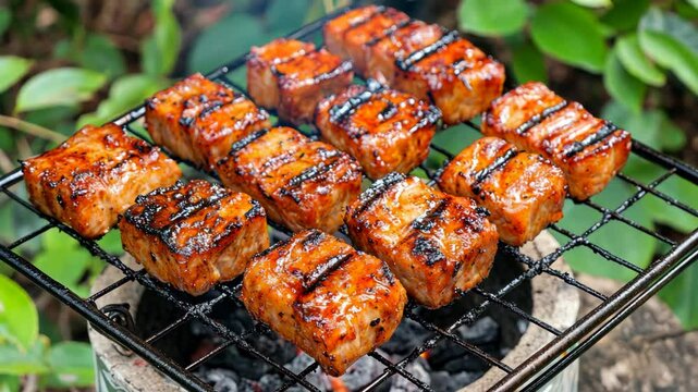 Grilled pork pieces, marinated and glazed, cook over glowing coals on a simple outdoor grill