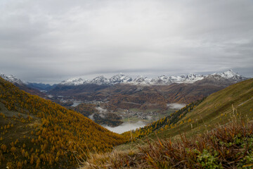 View from Muottas Muragl over the valley near Pontresina and St. Moritz in autumn