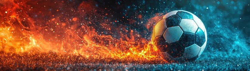Fototapeta premium Dynamic soccer ball action field sports photography fiery atmosphere low angle excitement