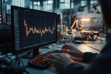 A dimly lit office with glowing monitors depicting fluctuating graphs, symbolizing the pulse of modern business analytics and digital finance.