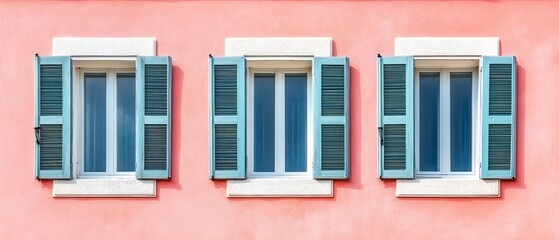 Fototapeta premium Three Windows with Open Blue Shutters on a Pink Wall